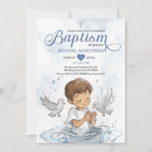 Blue Christening Dove Cute Boy Praying Baptism Inbjudningar