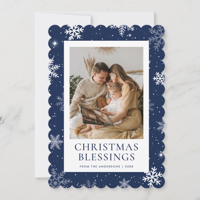 Blue Christmas Blessings Snowflake Photo Julkort (Framsida)