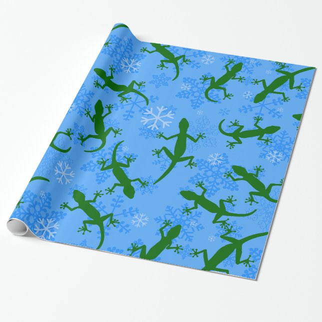 Blue christmas geckos reptile snöflingor presentpapper (Utrullad)
