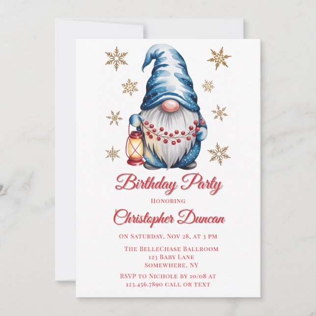 Blue Christmas Gnome Boy Birthday Party Inbjudningar (Framsida)