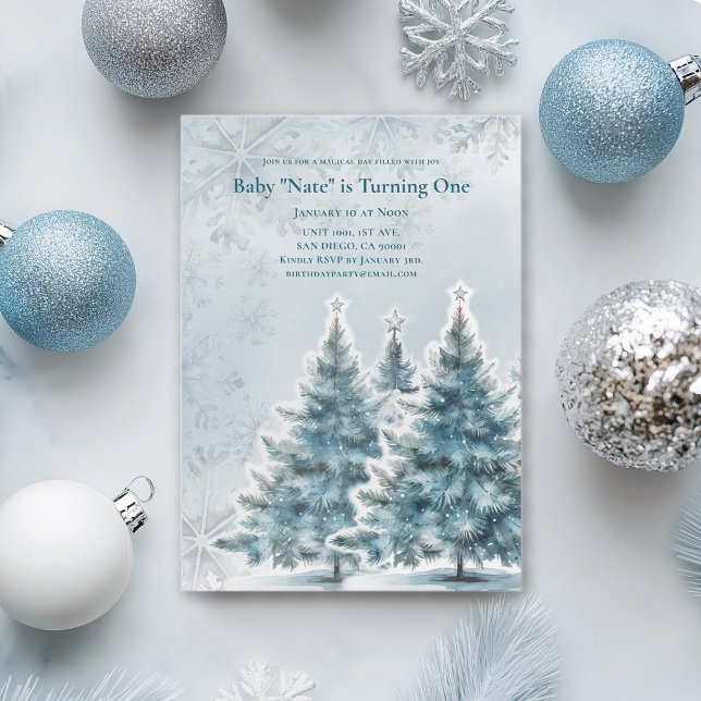 Blue Christmas Tree Baby 1st Birthday Invitation Inbjudningar (Skapare uppladdad)