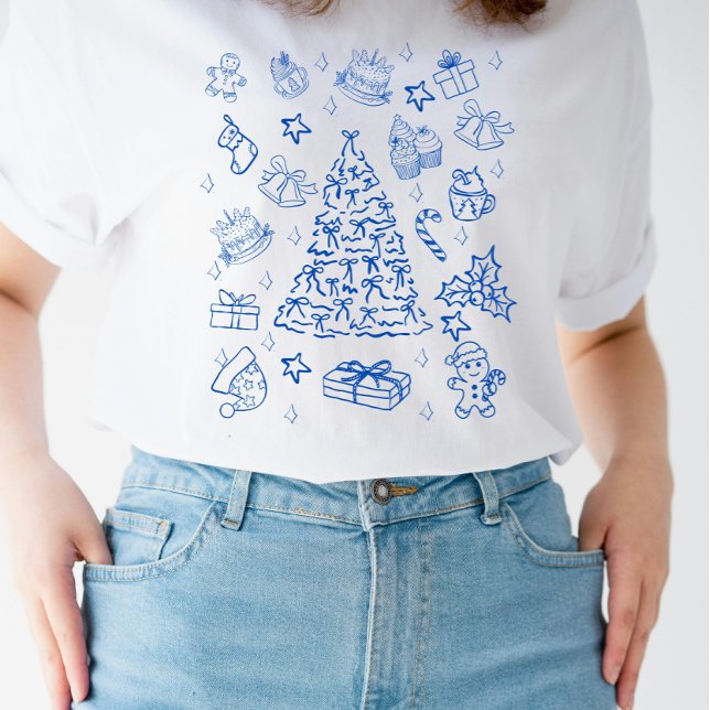 Blue Christmas Whimsy - Cute Festive Doodles T Shirt (Skapare uppladdad)