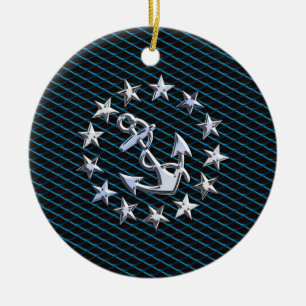 Blue Chrome Stil Yacht Flagga on Grille Print Julgransprydnad Keramik