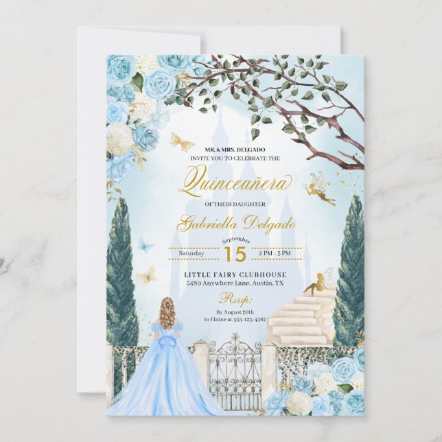 Blue Cinderella Enchanted Garden Quinceanera Inbjudningar (Framsida)
