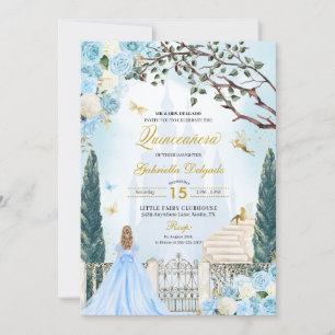 Blue Cinderella Enchanted Garden Quinceanera Inbjudningar