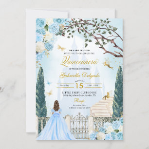 Blue Cinderella Enchanted Garden Quinceanera Inbjudningar