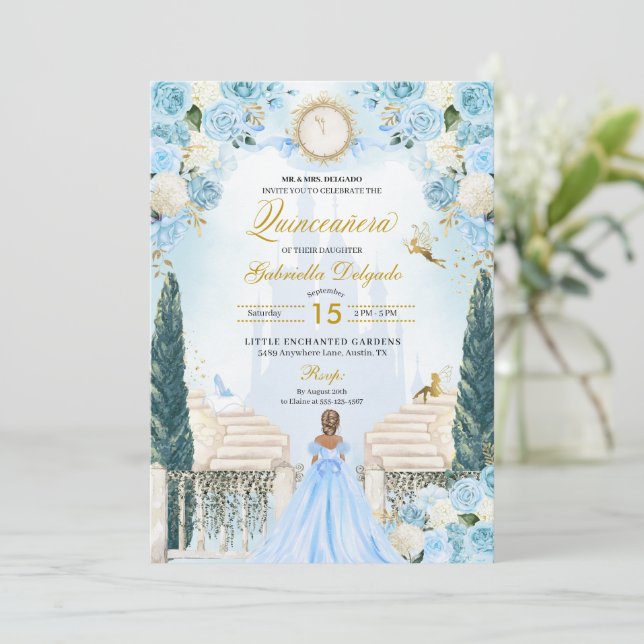 Blue Cinderella Princess Fairy Quinceanera Inbjudningar (Stående Fram)