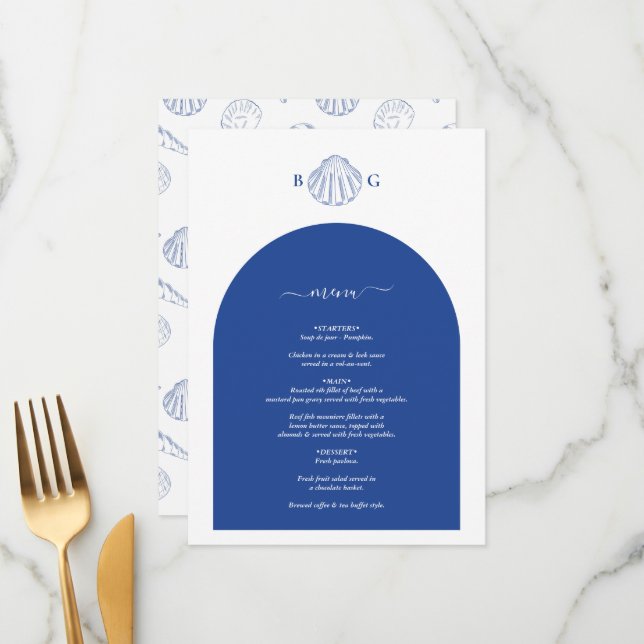 Blue Clam Seashells Coastal Seaside Beach Wedding Meny (Fram/Back In Situ)