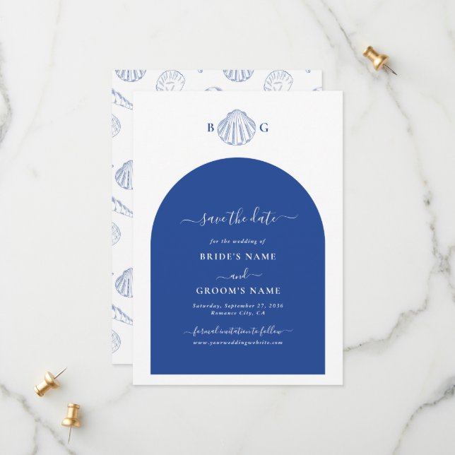 Blue Clam Seashells Coastal Seaside Beach Wedding Spara Datumet (Fram/Back In Situ)