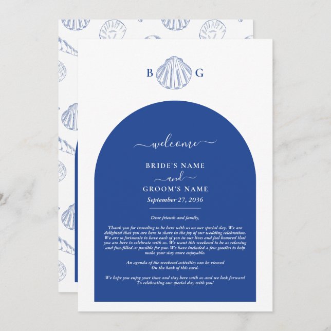 Blue Clam Seashells Coastal Wedding Itinerary Program (Fram/baksida)