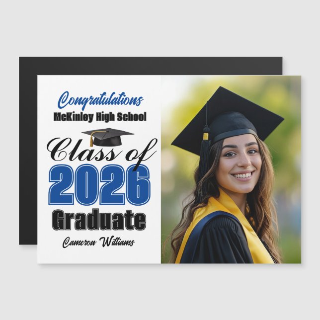 Blue Class of 2026 Graduation Photo Magnet Card (Fram/baksida)