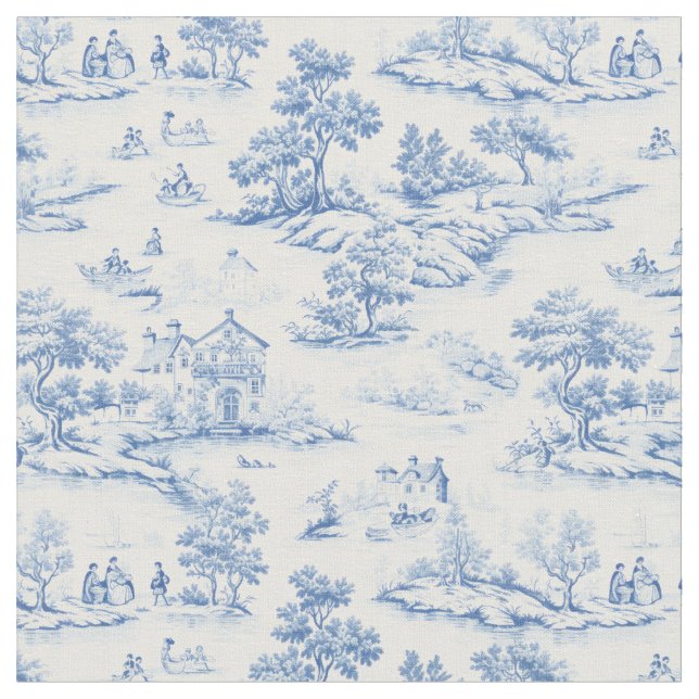Blue Classic Fransk Toile de Jouy Designer Tyg (Närbild)