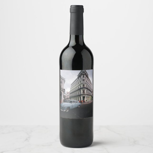 Blue Classic Vintage bil Cityscape Vinflaska Etikett (Framsida)
