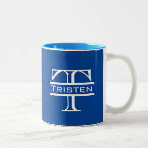 Blue Classic White Monogram Två-Tonad Mugg