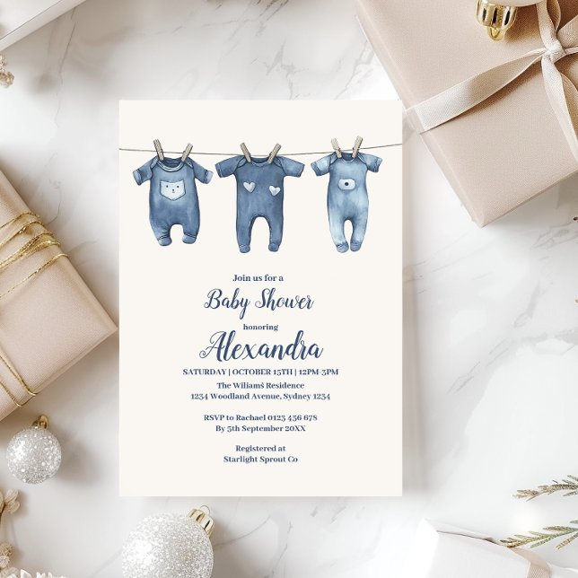 Blue Clothesline Baby Shower Inbjudningar (Skapare uppladdad)