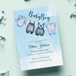 Blue Clothesline Barnkläder Himlar Boy Baby Shower Inbjudningar