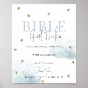 Blue Cloud Guld Star Baby Shower Bible Guest Bok Poster