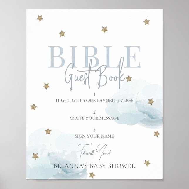 Blue Cloud Guld Star Baby Shower Bible Guest Bok Poster (Framsidan)
