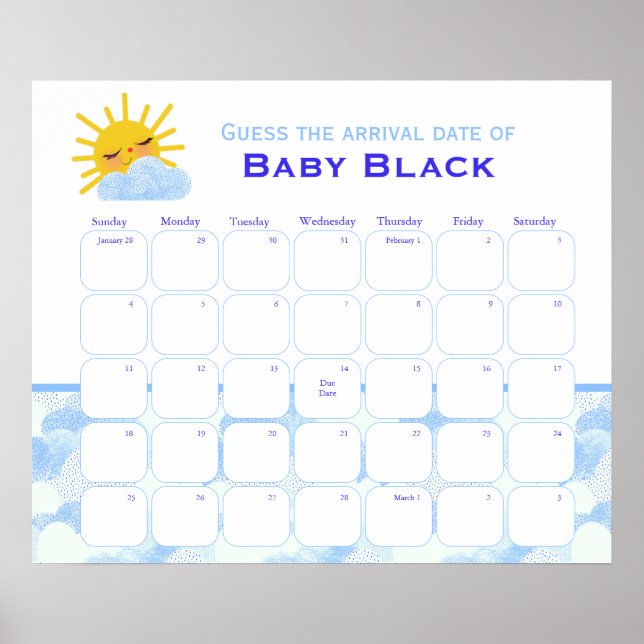 Blue Clouds Baby Shower gissar förfallodatumet Pos Poster (Framsidan)