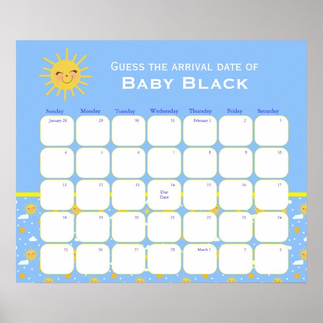 Blue Clouds Baby Shower Guess The Due Date Poster (Framsidan)