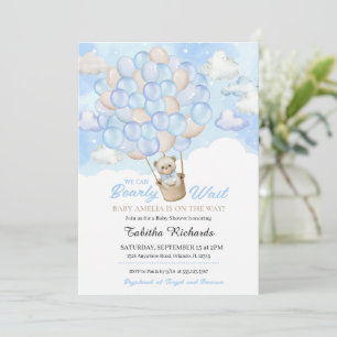 Blue Clouds Nalle Luftballong Baby Shower Inbjudningar
