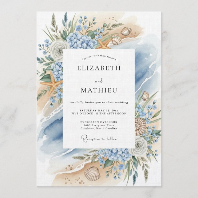 Blue Coastal Bloom Beach Wedding Inbjudningar (Framsida)