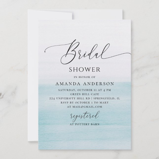 Blue Coastal Bridal Shower | Watercolor Beach Inbjudningar (Framsida)