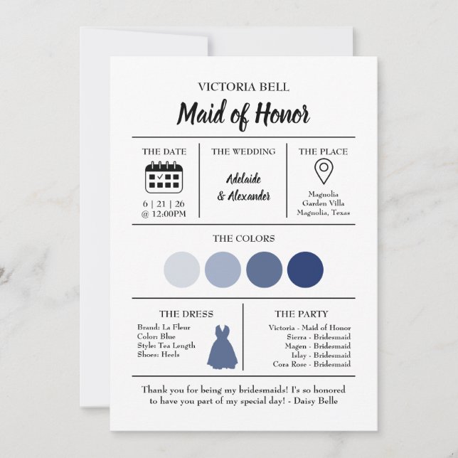 Blue Coastal Bridesmaid Information Card Inbjudningar (Framsida)