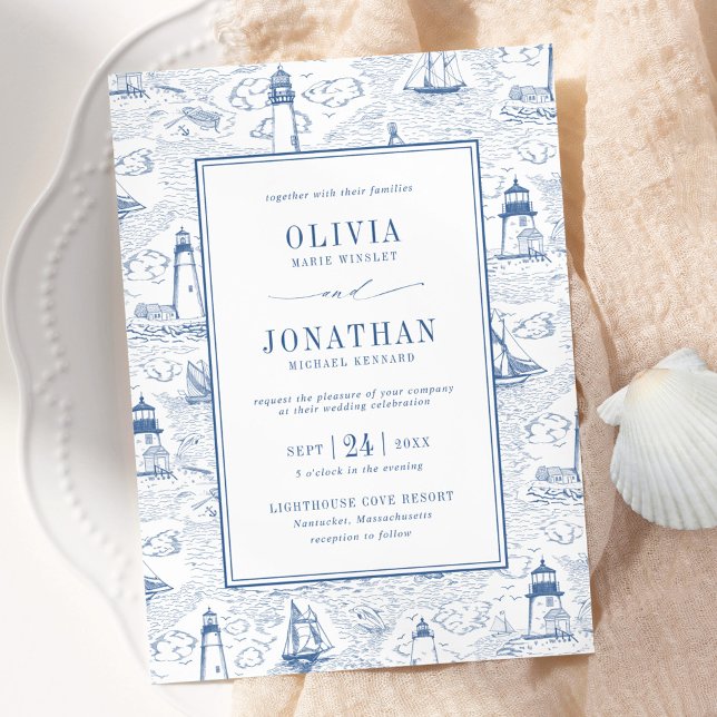 Blue Coastal Chic Lighthouse Toile Wedding Inbjudningar (Skapare uppladdad)
