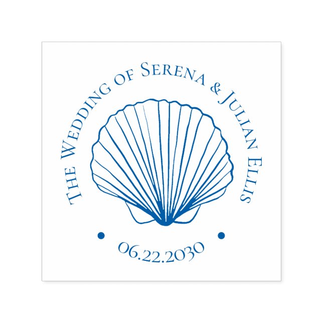 Blue Coastal Elegant Seashell Wedding Monogram Självfärgande Stämpel (Design)