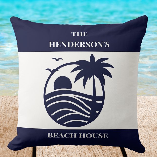 Blue Coastal Palm Tree Family Name Beach House Kudde (Skapare uppladdad)