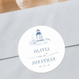 Blue Coastal Toile Lighthouse Wedding Runt Klistermärke