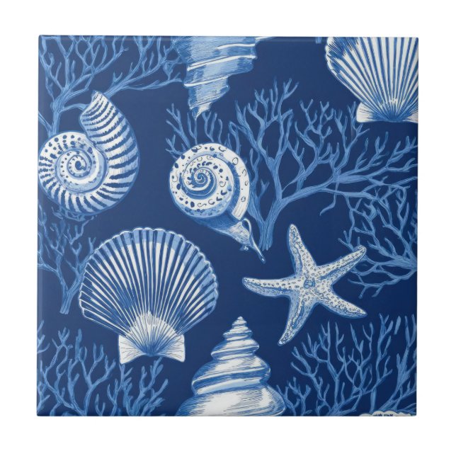 Blue Coastal Toile Seashell Coral Pattern (2) Kakelplatta (Framsidan)