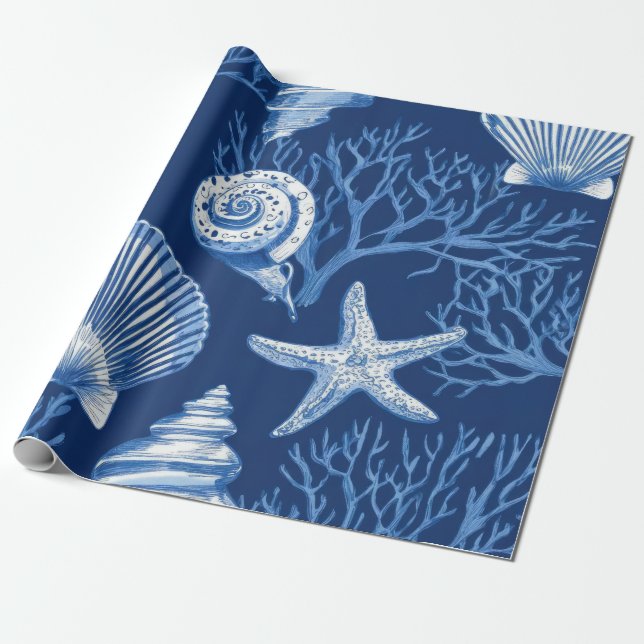 Blue Coastal Toile Seashell Coral Pattern (2) Presentpapper (Utrullad)