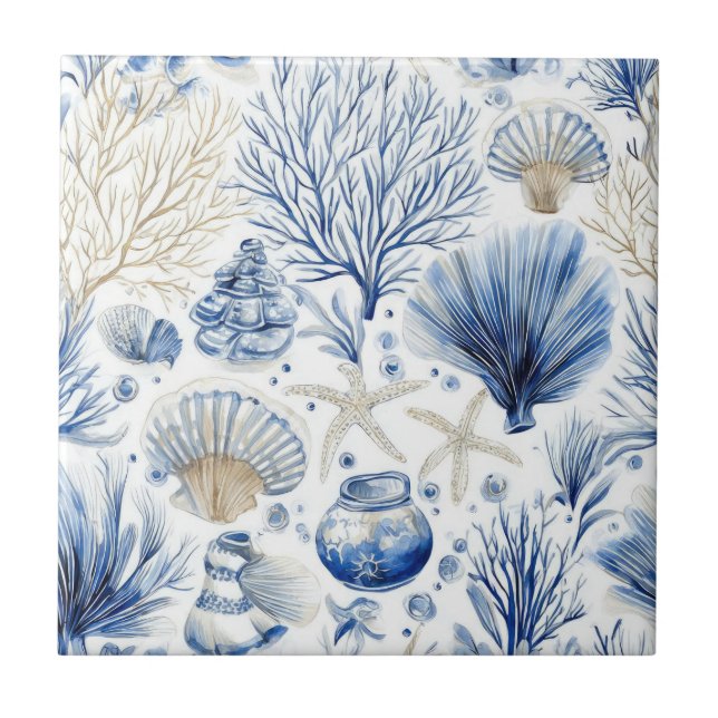 Blue Coastal Toile Seashell Coral Pattern (3) Kakelplatta (Framsidan)