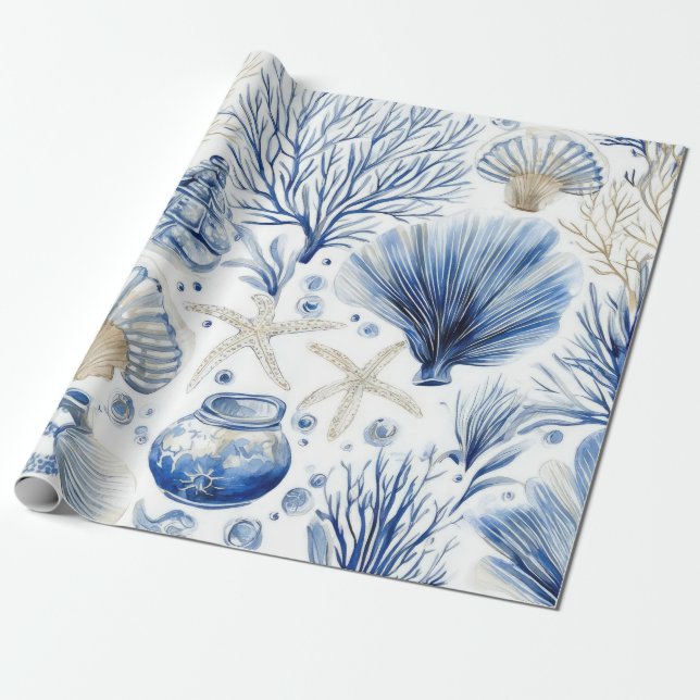 Blue Coastal Toile Seashell Coral Pattern (3) Presentpapper (Utrullad)