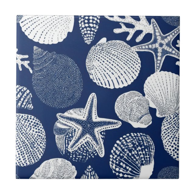 Blue Coastal Toile Seashell Coral Pattern (4) Kakelplatta (Framsidan)