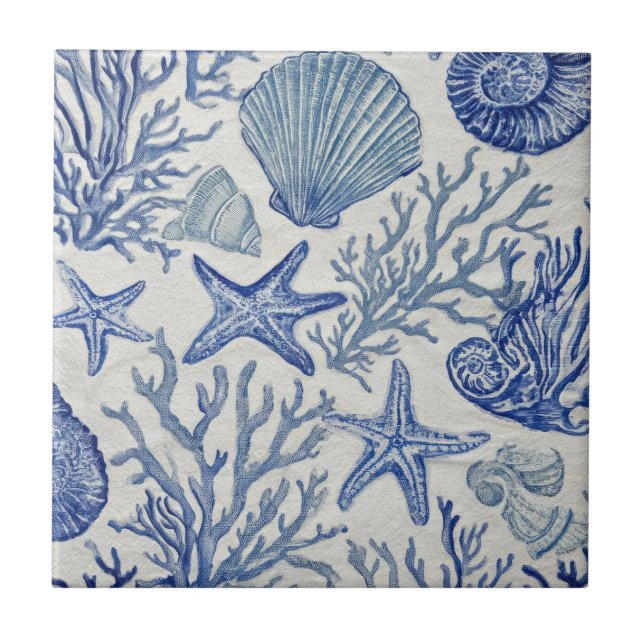 Blue Coastal Toile Seashell Coral Pattern Kakelplatta (Framsidan)