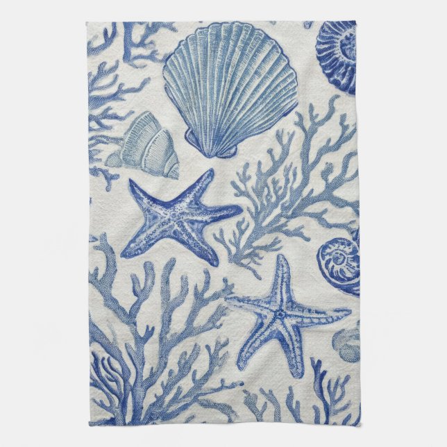 Blue Coastal Toile Seashell Coral Pattern Kökshandduk (Vertikal)