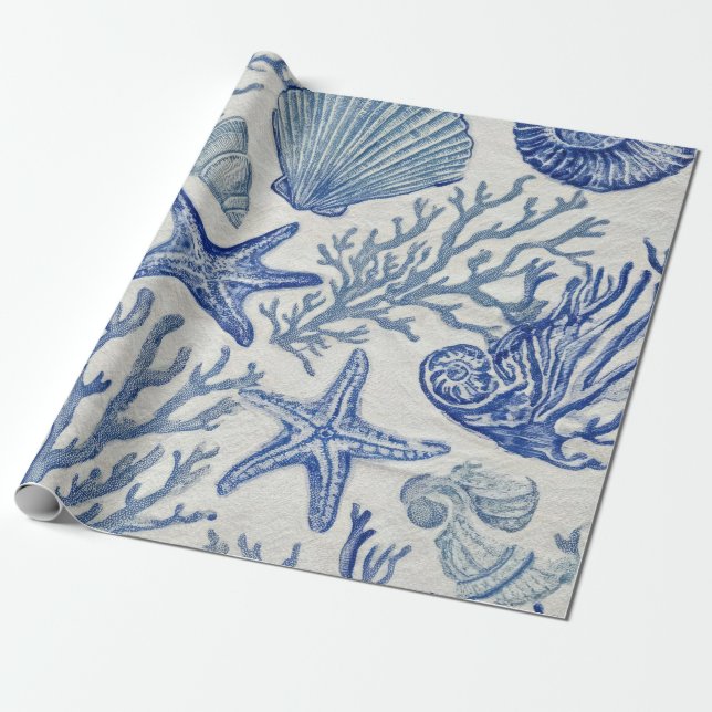 Blue Coastal Toile Seashell Coral Pattern Presentpapper (Utrullad)