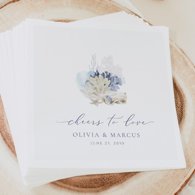 Blue Coastal Wedding Napkins Beach Seashell Pappersservett (Blue coastal wedding napkins with seashell design, elegant beach reception table decor)