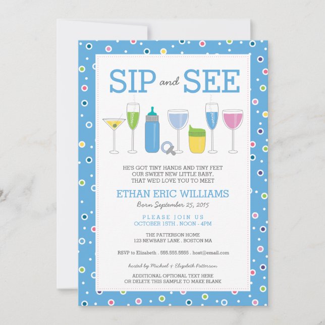 Blue Cocktail Nyfödd bebis Boy Sip och se inbjudan (Framsida)