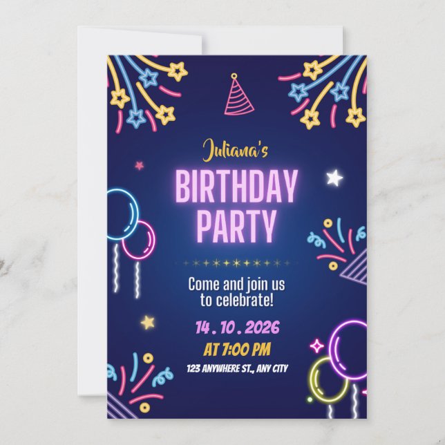 Blue Colorful Neon Birthday Party Invitation Inbjudningar (Framsida)