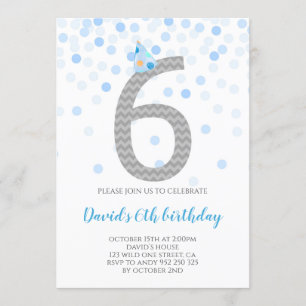 Blue Confetti Boy Party 6e Birthday Inbjudningar