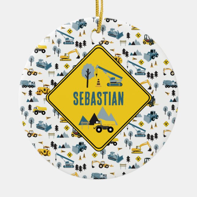 Blue Construction Lastbilar & Site Theme Mönster Julgransprydnad Keramik (Framsidan)