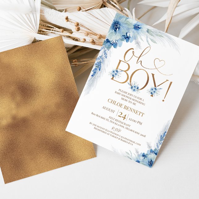 Blue Copper Boho Pampas Grass Oh Boy Shower Inbjudningar (Sweet oh boy baby shower invitation featuring some blue boho floral arrangement and faux copper foil)
