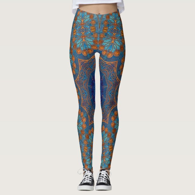 Blue Copper Mönster Yoga Gym Exercise Leggings (Framsida)