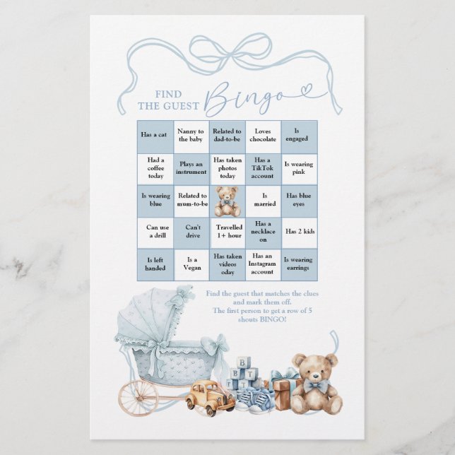 Blue Coquette Baby Carriage Find The Guest Bingo (Framsida)