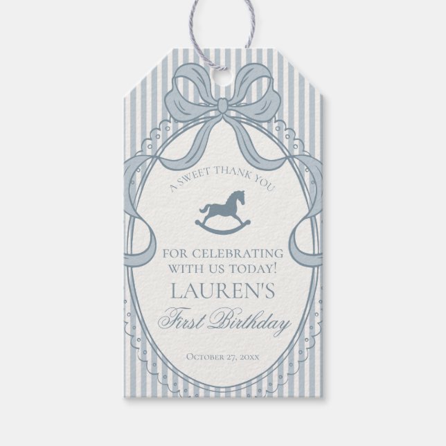 Blue Coquette Bow Rocking Horse Birthday Favors Presentetikett (Framsidan)