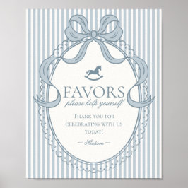 Blue Coquette Bow Rocking Horse Stripe Favors Sign Poster